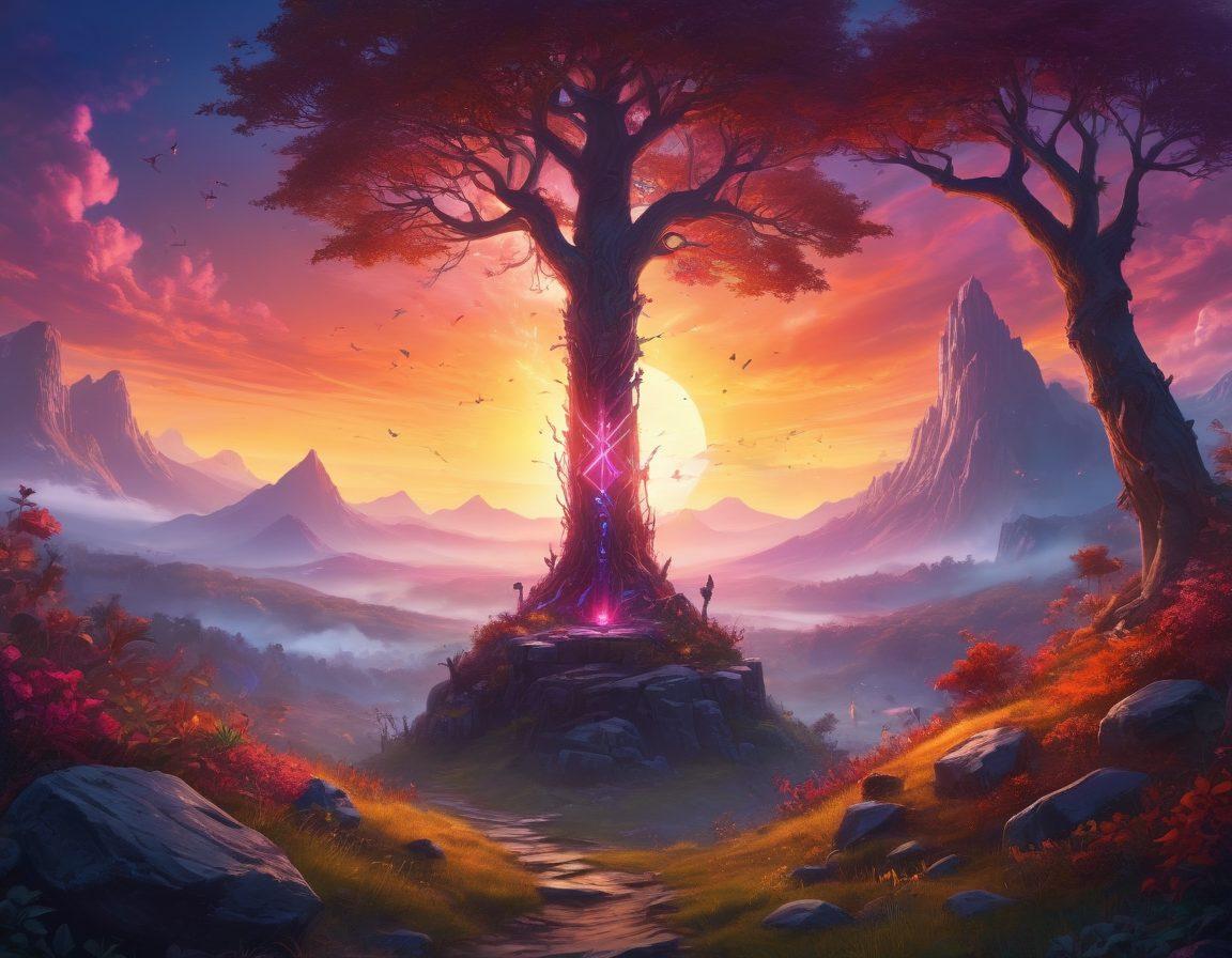 An epic fantasy landscape featuring a Tibia warrior standing triumphantly on a hill, surrounded by mythical creatures and treasure. In the background, a magical forest teems with glowing plants and mysterious shadows, symbolizing the enchanting world of Tibia. Include a vibrant sunset sky with vivid colors, and sprinkle in ancient runes to enhance the mystical atmosphere. super-realistic. vibrant colors. fantasy art.