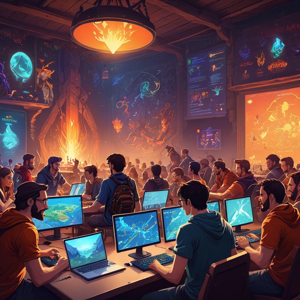 A vibrant montage showcasing a diverse group of gamers engaged in discussions at a Tibia-themed event, surrounded by laptops and game posters, with a digital forum interface glowing in the background. Include iconic characters from Tibia, lively interactions, and a digital map of Tibia's world projected above. The atmosphere should be energetic and inviting, reflecting a strong sense of community. pixel art. vibrant colors.