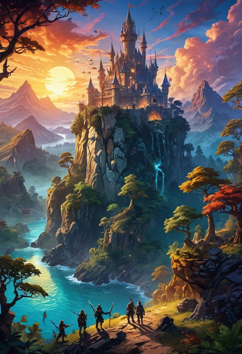 A mystical landscape featuring an ancient, enchanted castle representing the world of Tibia, surrounded by lush forests and magical creatures. A group of diverse adventurers, including a wizard, knight, and archer, are strategizing around a glowing map. In the sky, a giant dragon looms majestically, embodying the challenges of the MMORPG. The scene captures the essence of exploration and teamwork, with a vibrant sunrise casting a golden hue over the adventure. vibrant colors. fantasy art. epic atmosphere.